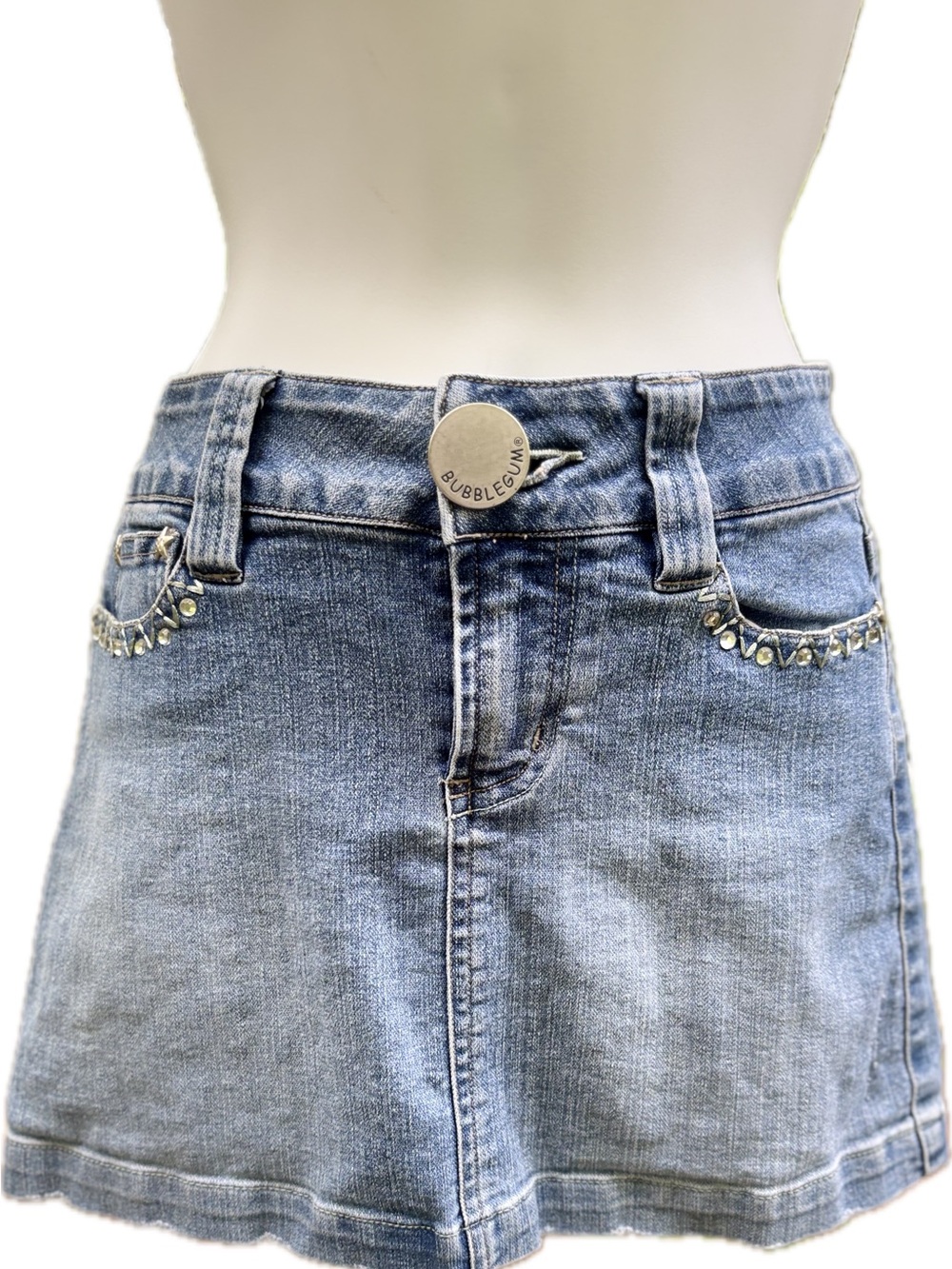 Y2K Bubblegum Brand Light Blue Denim Skirt with Rhinestone Accents